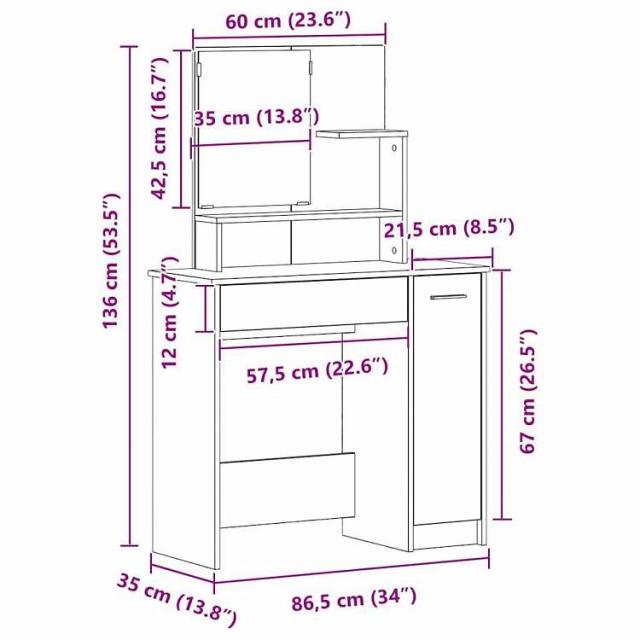 vidaXL ドレッシングテーブル 引き出し付き 棚で 鏡付き ブラックオーク 86.5 x 35 x 136 cm エンジニアリングウッド 家具 キャビネット&収納 洗面・化粧台ユニット 寝室用化粧用テーブル(代引不可)【送料無料】_11