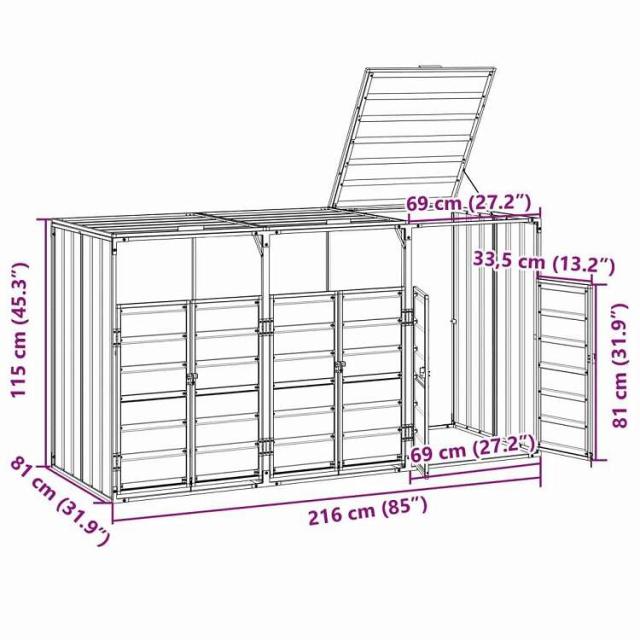 vidaXL キャスター付きゴミ箱収納 3段用 グレー 216x81x115 cm スチール製 ホーム&ガーデン 家事用品 廃棄物処理用品 ごみ箱・廃棄物コンテナ用囲い(代引不可)【送料無料】_11