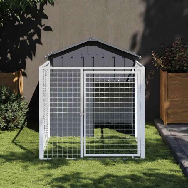 vidaXL ドッグラン付き犬小屋 アントラシート 117x201x123 cm 亜鉛メッキ鋼製動物&ペット用品 ペット用品 犬用品 ドッグハウス(代引不可)【送料無料】