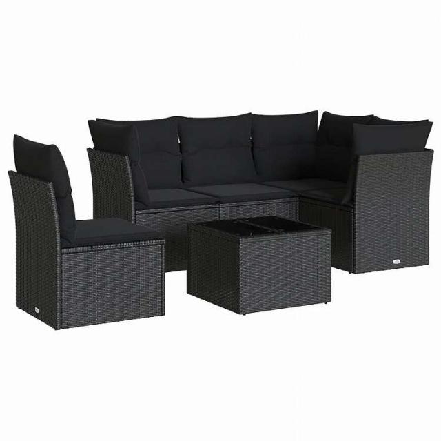 vidaXL 6点セット ガーデンソファセット クッション付き ブラック ポリラタン家具 アウトドア家具 屋外家具セット黒(代引不可)【送料無料】