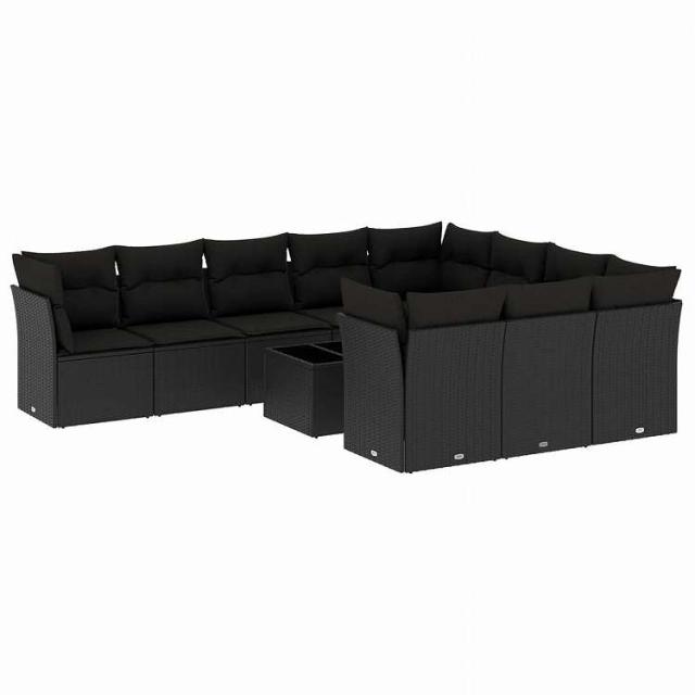 vidaXL 11ピース ガーデンソファセット クッション付き ブラック ポリラタン家具 アウトドア家具 屋外家具セット黒(代引不可)【送料無料】