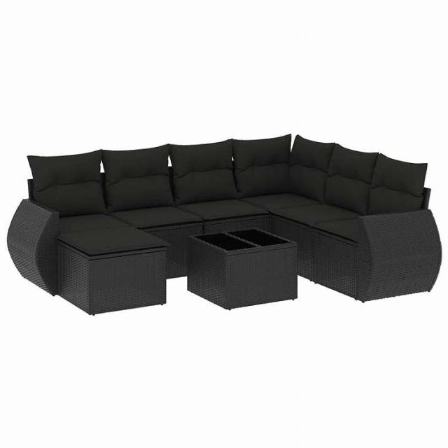 vidaXL 8ピース ガーデンソファセット クッション付き ブラック ポリラタン家具 アウトドア家具 屋外家具セット黒(代引不可)【送料無料】
