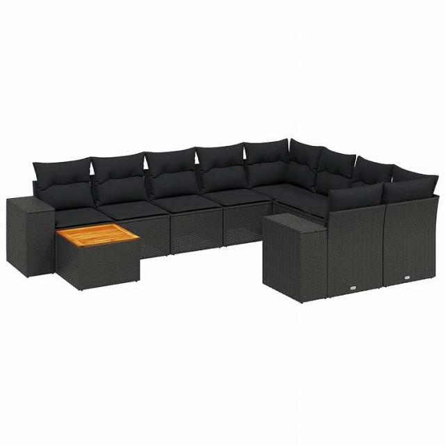vidaXL 10点セット ガーデンソファセット クッション付き ブラック ポリラタン家具 アウトドア家具 屋外家具セット黒(代引不可)【送料無料】