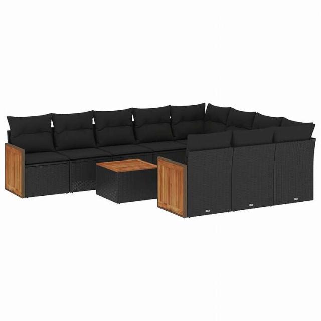 vidaXL 11ピース ガーデンソファセット クッション付き ブラック ポリラタン家具 アウトドア家具 屋外家具セット黒(代引不可)【送料無料】