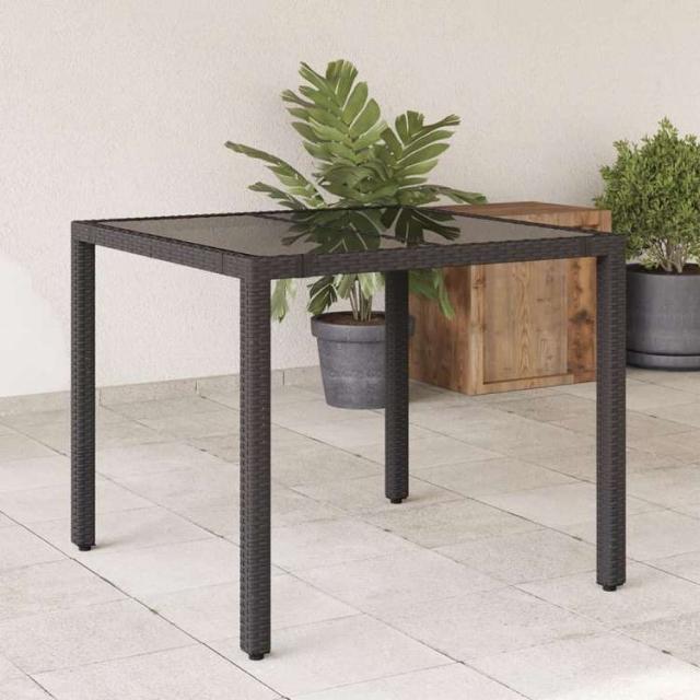 vidaXL ガーデンテーブル ガラストップ付き 90x90x75 cm ポリラタン製 ブラック家具 アウトドア家具 アウトドアテーブル(代引不可)【送料無料】