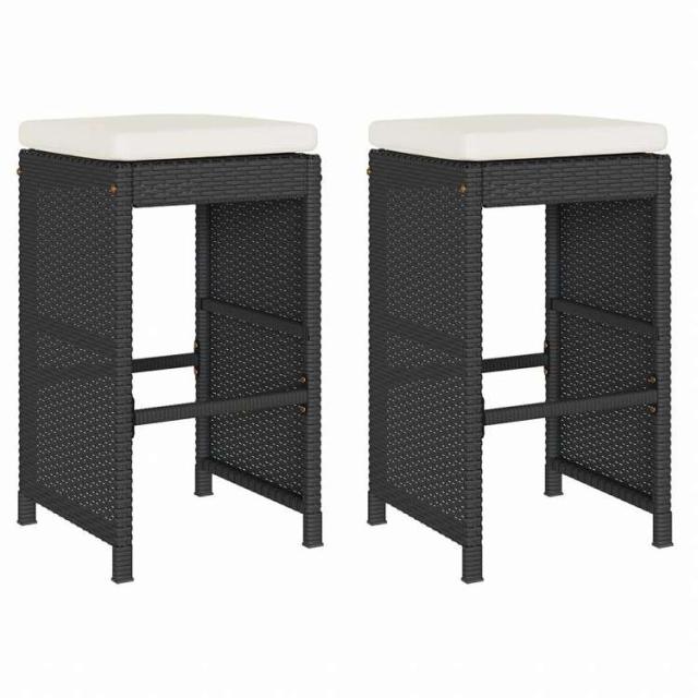 vidaXL ガーデンバースツール 2点 クッション付き ポリラタン製 ブラック家具 アウトドア家具 屋外椅子 アウトドアベンチチェア(代引不可)【送料無料】