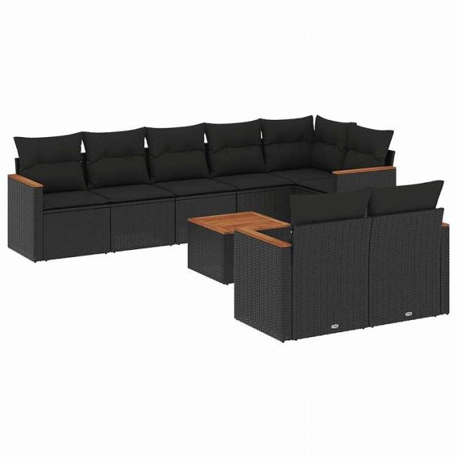 vidaXL 9点セット ガーデンソファセット クッション付き ブラック ポリラタン家具 アウトドア家具 屋外家具セット黒(代引不可)【送料無料】