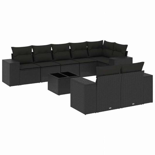 vidaXL 9点セット ガーデンソファセット クッション付き ブラック ポリラタン家具 アウトドア家具 屋外家具セット黒(代引不可)【送料無料】