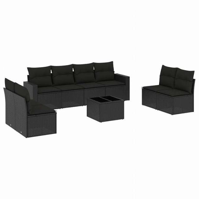 vidaXL 9点セット ガーデンソファセット クッション付き ブラック ポリラタン家具 アウトドア家具 屋外家具セット黒(代引不可)【送料無料】
