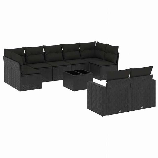 vidaXL 10点セット ガーデンソファセット クッション付き ブラック ポリラタン家具 アウトドア家具 屋外家具セット黒(代引不可)【送料無料】