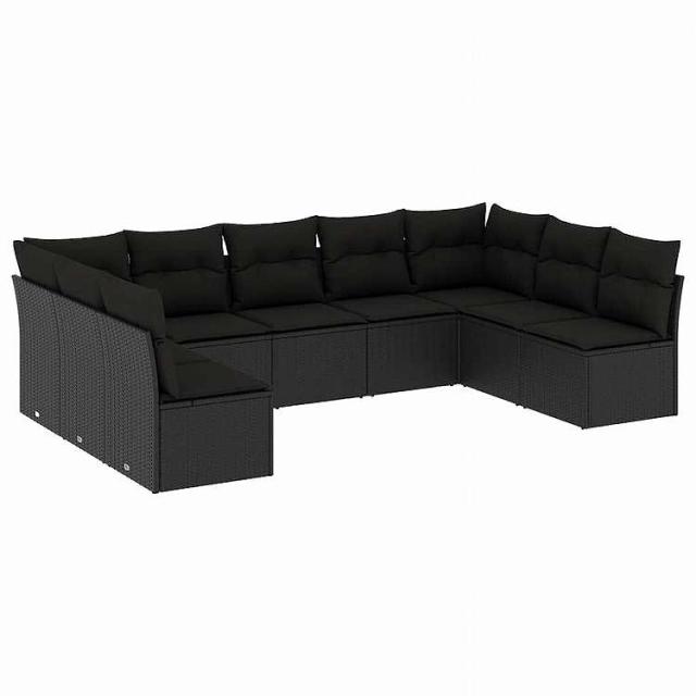 vidaXL 9点セット ガーデンソファセット クッション付き ブラック ポリラタン家具 アウトドア家具 屋外家具セット黒(代引不可)【送料無料】