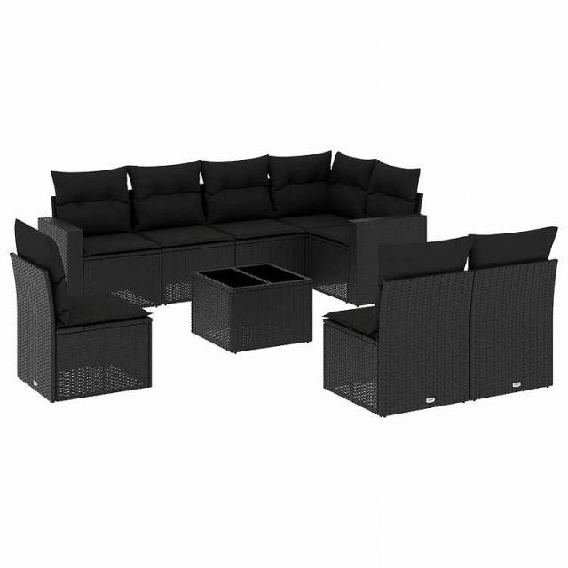 vidaXL 9点セット ガーデンソファセット クッション付き ブラック ポリラタン家具 アウトドア家具 屋外椅子 屋外用組み合わせソファセット黒(代引不可)【送料無料】