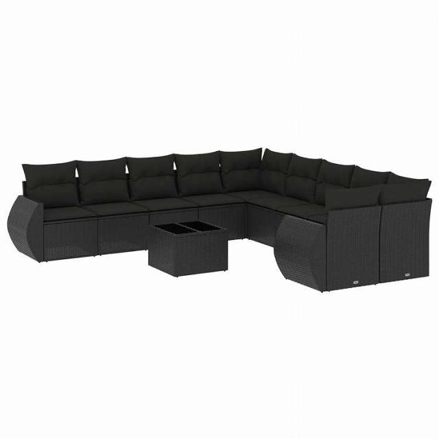 vidaXL 11ピース ガーデンソファセット クッション付き ブラック ポリラタン家具 アウトドア家具 屋外家具セット黒(代引不可)【送料無料】