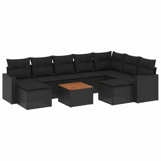 vidaXL 10点セット ガーデンソファセット クッション付き ブラック ポリラタン家具 アウトドア家具 屋外椅子 屋外用組み合わせソファセット黒(代引不可)【送料無料】