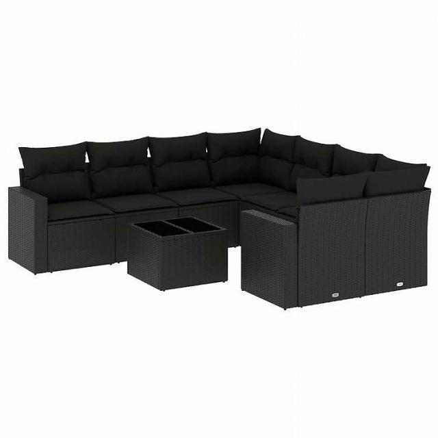 vidaXL 9点セット ガーデンソファセット クッション付き ブラック ポリラタン家具 アウトドア家具 屋外家具セット黒(代引不可)【送料無料】