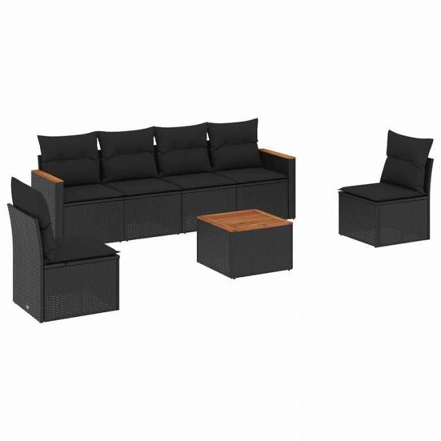 vidaXL 7点セット ガーデンソファセット クッション付き ブラック ポリラタン家具 アウトドア家具 屋外家具セット黒(代引不可)【送料無料】