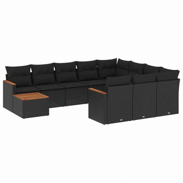 vidaXL 11ピース ガーデンソファセット クッション付き ブラック ポリラタン家具 アウトドア家具 屋外家具セット黒(代引不可)【送料無料】