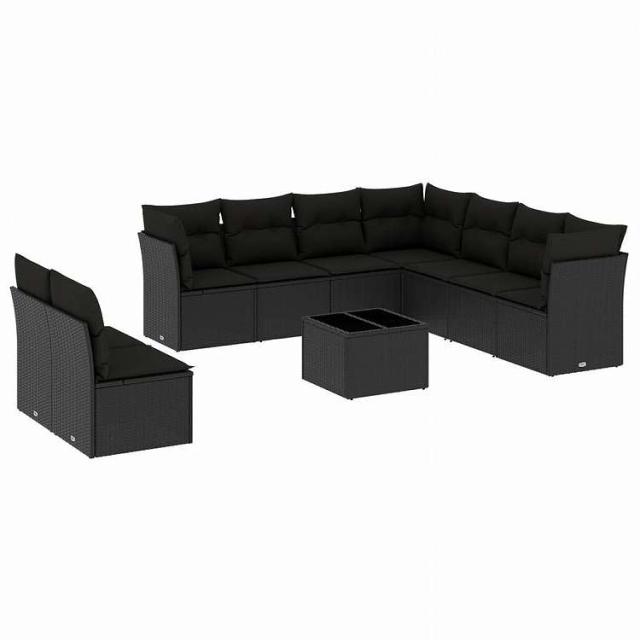 vidaXL 10点セット ガーデンソファセット クッション付き ブラック ポリラタン家具 アウトドア家具 屋外家具セット黒(代引不可)【送料無料】