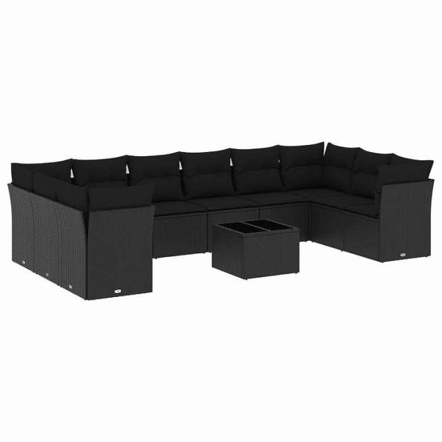 vidaXL 11ピース ガーデンソファセット クッション付き ブラック ポリラタン家具 アウトドア家具 屋外家具セット黒(代引不可)【送料無料】