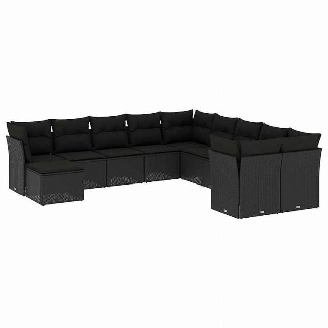vidaXL 11ピース ガーデンソファセット クッション付き ブラック ポリラタン家具 アウトドア家具 屋外家具セット黒(代引不可)【送料無料】