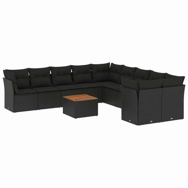 vidaXL 11ピース ガーデンソファセット クッション付き ブラック ポリラタン家具 アウトドア家具 屋外家具セット黒(代引不可)【送料無料】