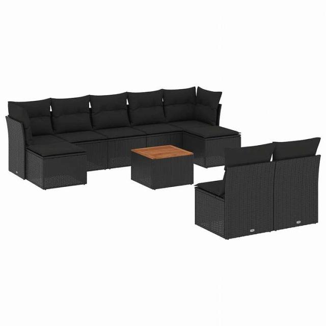 vidaXL 10点セット ガーデンソファセット クッション付き ブラック ポリラタン家具 アウトドア家具 屋外家具セット黒(代引不可)【送料無料】