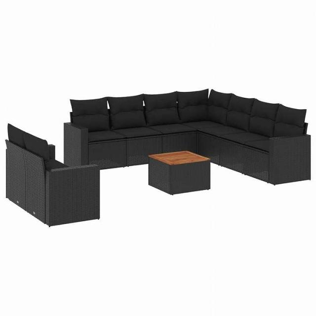 vidaXL 10点セット ガーデンソファセット クッション付き ブラック ポリラタン家具 アウトドア家具 屋外家具セット黒(代引不可)【送料無料】
