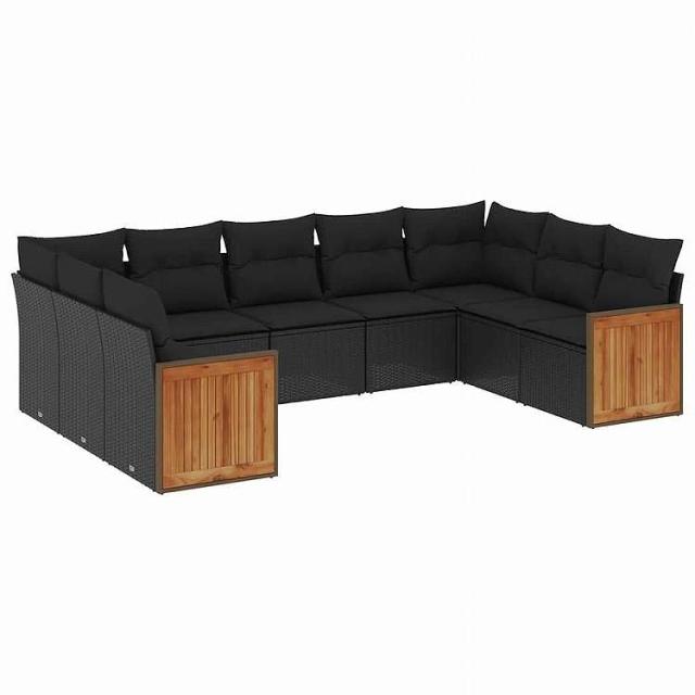vidaXL 9点セット ガーデンソファセット クッション付き ブラック ポリラタン家具 アウトドア家具 屋外家具セット黒(代引不可)【送料無料】