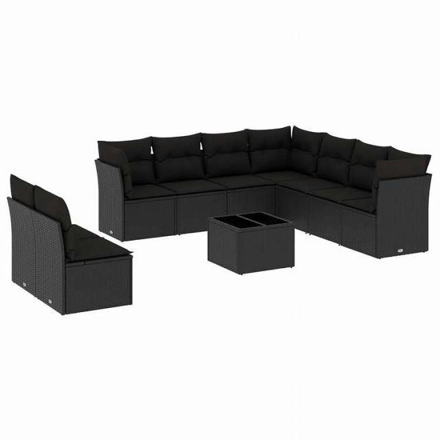 vidaXL 10点セット ガーデンソファセット クッション付き ブラック ポリラタン家具 アウトドア家具 屋外家具セット黒(代引不可)【送料無料】