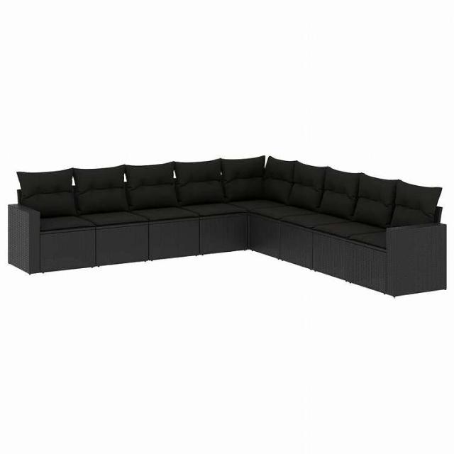 vidaXL 9点セット ガーデンソファセット クッション付き ブラック ポリラタン家具 アウトドア家具 屋外家具セット黒(代引不可)【送料無料】