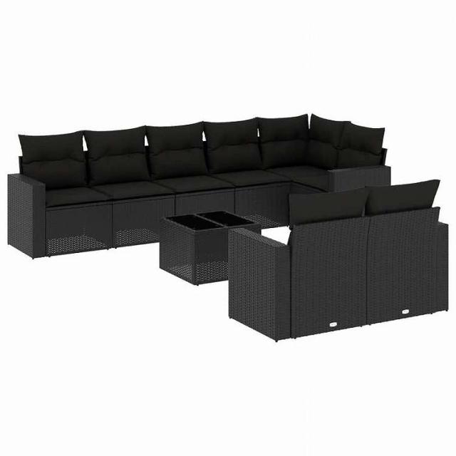 vidaXL 9点セット ガーデンソファセット クッション付き ブラック ポリラタン家具 アウトドア家具 屋外家具セット黒(代引不可)【送料無料】