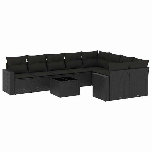 vidaXL 10点セット ガーデンソファセット クッション付き ブラック ポリラタン家具 アウトドア家具 屋外家具セット黒(代引不可)【送料無料】