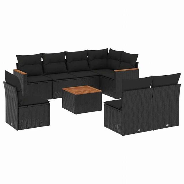 vidaXL 9点セット ガーデンソファセット クッション付き ブラック ポリラタン家具 アウトドア家具 屋外家具セット黒(代引不可)【送料無料】