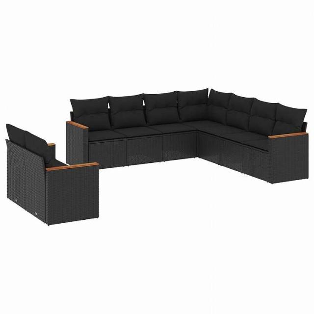 vidaXL 9点セット ガーデンソファセット クッション付き ブラック ポリラタン家具 アウトドア家具 屋外家具セット黒(代引不可)【送料無料】