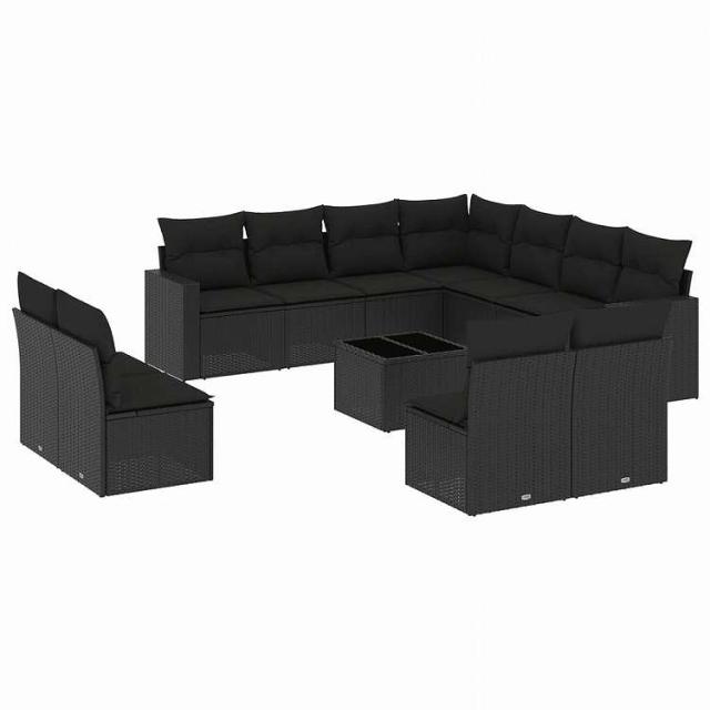 vidaXL 12ピース ガーデンソファセット クッション付き ブラック ポリラタン家具 アウトドア家具 屋外椅子 屋外用組み合わせソファセット黒(代引不可)【送料無料】