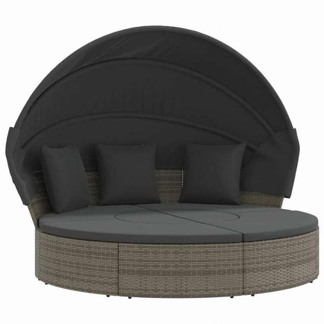 vidaXL 屋外用ラウンジベッド(キャノピーとクッション付き)グレーポリラタン家具 アウトドア家具 屋外ベッド灰色(代引不可)【送料無料】