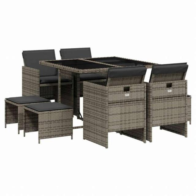 vidaXL ガーデンダイニングセット 9点 クッション付き グレー ポリラタン製家具 アウトドア家具 屋外家具セット(代引不可)【送料無料】_1