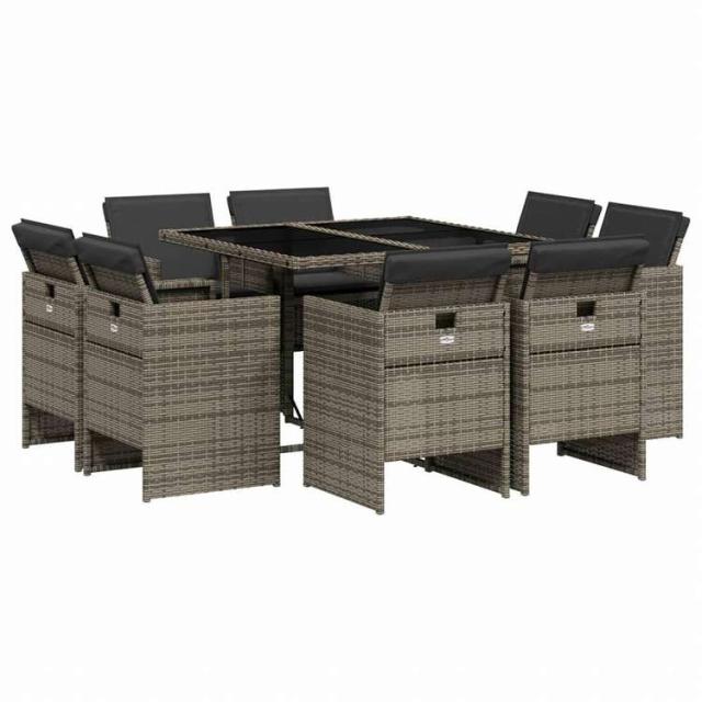 vidaXL ガーデンダイニングセット 9点 クッション付き グレー ポリラタン製家具 アウトドア家具 屋外家具セット(代引不可)【送料無料】_1
