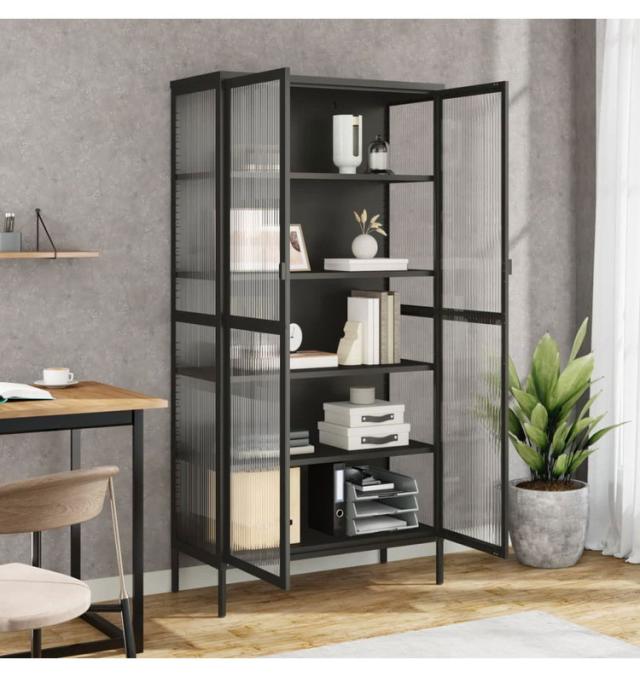 vidaXL ハイボード ブラック 85x40x180 cm ガラス スチール 家具 キャビネット 収納 サイドボード リビング 可動棚 大容量 モダン シンプル 幅85 おしゃれ 扉付き 収納棚 ディスプレイ(代引不可)【送料無料】_1