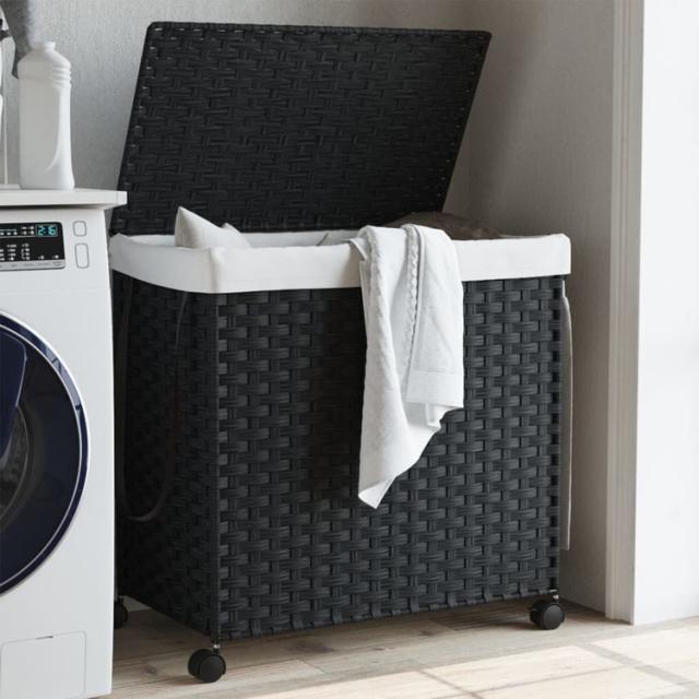 vidaXL ランドリーバスケット キャスター付き ブラック 60x35x60.5cm ラタンホーム&amp;ガーデン家事用品ランドリー用品洗濯かご(代引不可)【送料無料】