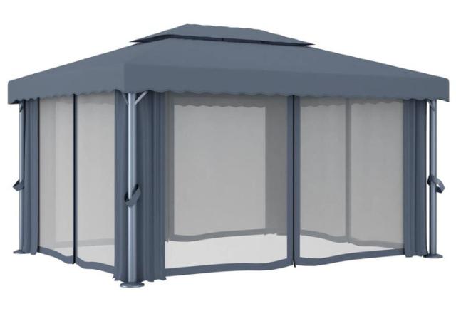 vidaXL ガゼボ カーテン付 4×3m アントラシート アルミニウム 芝 ガーデン アウトドアリビング アウトドアストラクチャー キャノピー ガゼボ(代引不可)【送料無料】