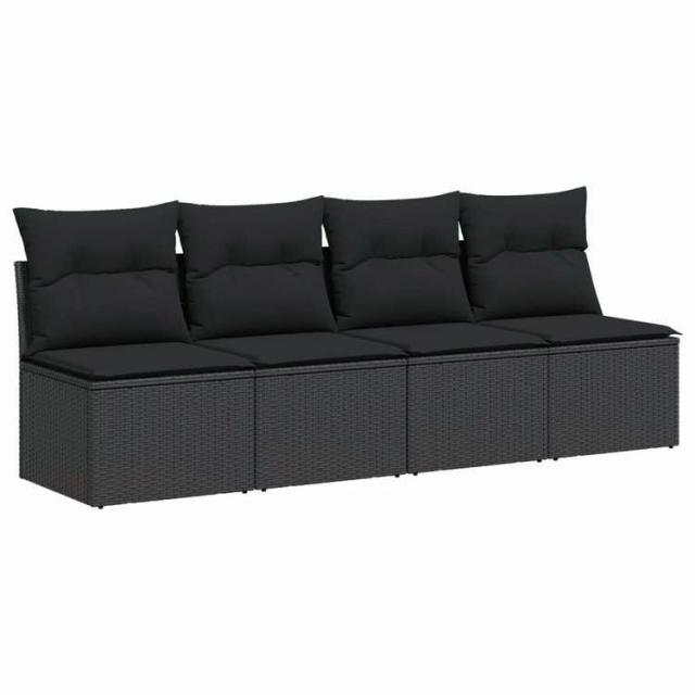 vidaXL ガーデンソファ クッション付き 4人掛け ブラック ポリラタン 家具 アウトドア家具 屋外椅子 屋外ソファ【送料無料】