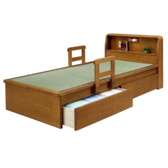 畳ベッド シングルサイズ 国産畳使用 引き出し2杯付き ライト付き 宮付きベッド 手すり付き 畳みベッド 畳ベット たたみベッド タタミベッド 和風モダン 照明付き シングルベッド 天然木タモ突板 引き出し収納付き 手摺り移動式の通販は 51,108円