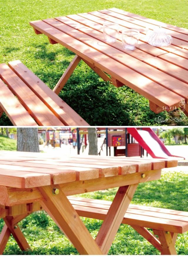 BBQテーブル&ベンチセット 軽量な杉材を使用 幅120cmベンチ2台+