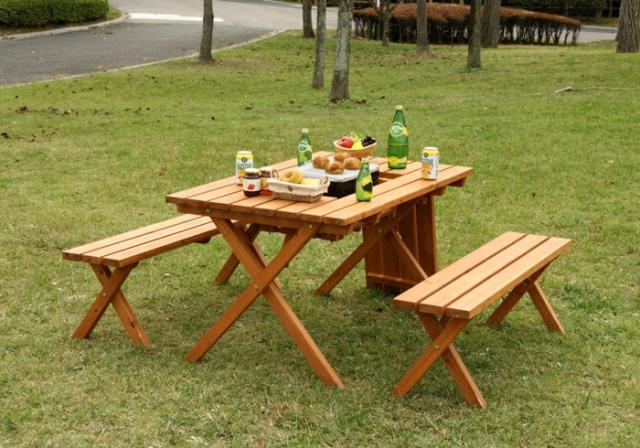 BBQテーブル&ベンチセット 軽量な杉材を使用 幅120cmベンチ2台+