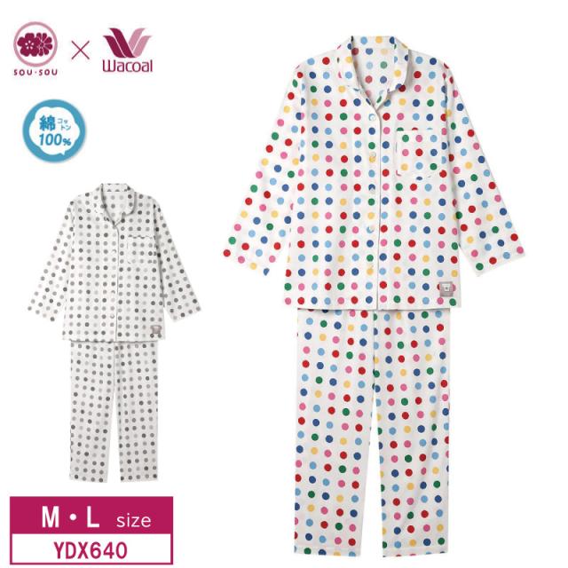 10%OFF ワコール wacoal  レディース 睡眠科学 SOU・SOU柄 パジャマ 10分袖 10分丈 長袖 長ズボン 綿100％ 光沢感  （M・Lサイズ）YDX640 の通販は