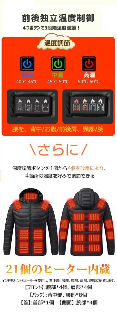 【３ヶ月保証】電熱ジャケット 電熱ウェア 長袖 21箇所発熱 4つ独立制御ボタン 3段階温度調整 日本製ヒーター内蔵 電熱ジャケット 電熱服 ヒートジャケット ジャケット フード付き 中綿コート メンズ レディース 男女兼用 軽量 釣り スキー 水洗い可着 夜釣り 屋外作業_5