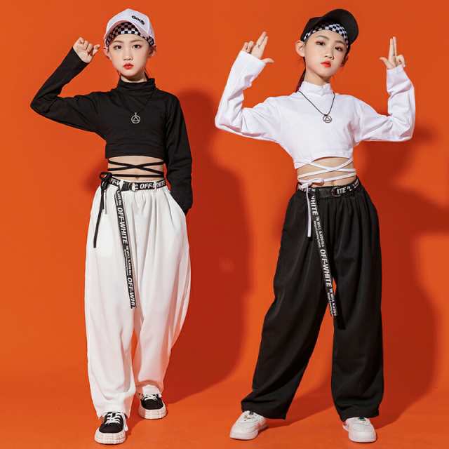 キッズダンス衣装 トップス 白 黒 長袖 ヘソ出し ガールズ