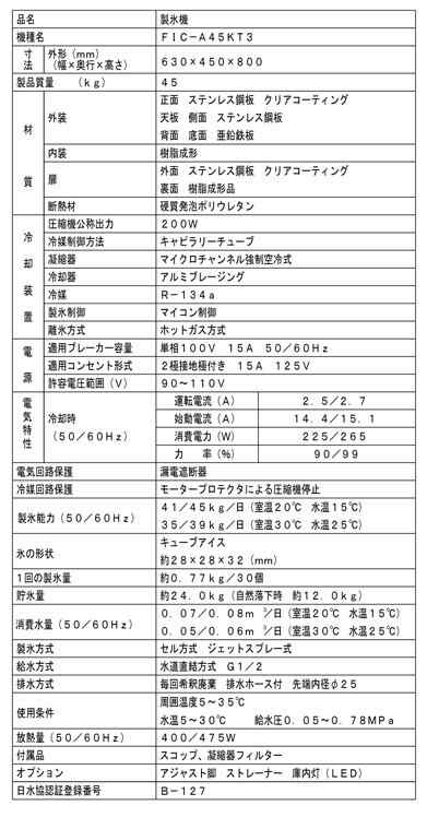 新品】【福島】【業務用 製氷機45KG 幅630×奥行450×高さ800mm】【FIC-A45KT3】単相100V【送料無料 フクシマ工場より直送  車渡しの通販はau PAY マーケット 楽楽厨房センター au PAY マーケット店 au PAY マーケット－通販サイト