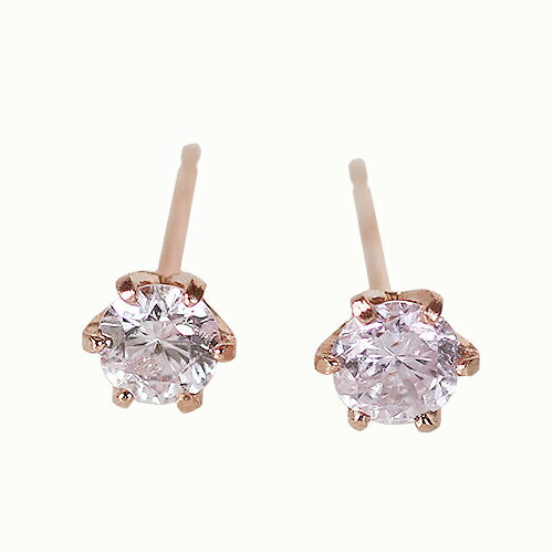0.1ct ピンクダイヤ 天然 ピアス PG K18ピンクゴールド 6本爪 スタッド 1粒石　193228